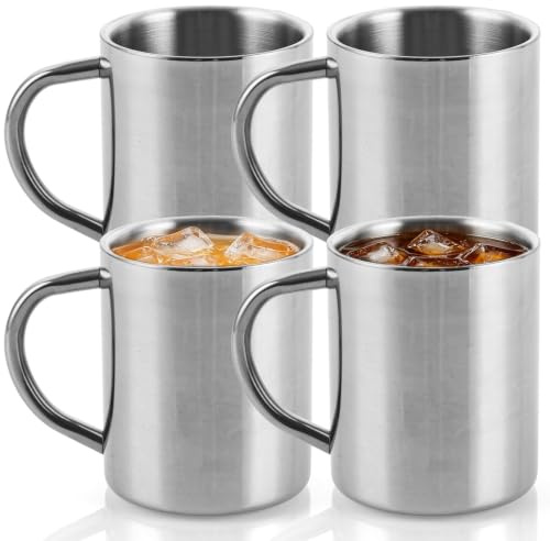 Ghligna 4 Stück Edelstahl Becher, 300ML Edelstahlbecher mit Griff, Camping Tasse, Wiederverwendbares Metallbecher, Edelstahl Trinkbecher, Doppelwandig Metalltasse, Camping Tassen für Picknick
