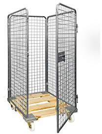 E.S.B. Drahtgitterbehälter mit Holz-Rollplatte, 4-seitig, Nutzhöhe 1350 mm - Transportroller, Materialcontainer, Silbergrau (Silver Gray), Braun (Brown)