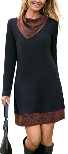 STYLEWORD Women's Jumper Dress Long Sleeve Tunic Dress Cowl Neck Ladies Casual Sweater Tops for Autumn Winter(Black,XXL)
