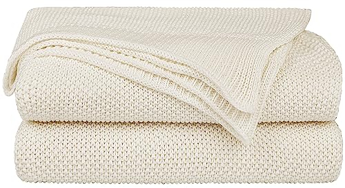 PiccoCasa Coperta in 100% cotone lavorato a maglia, per letto matrimoniale, tinta unita, leggera, decorativa, morbida coperta lavorata a maglia, per divano e divano, beige, 178 x 198 cm