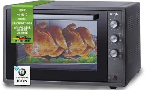 ICQN Minibackofen 60 Liter XXL mit Umluft, Drehspieß, Emailliert, Anthrazit