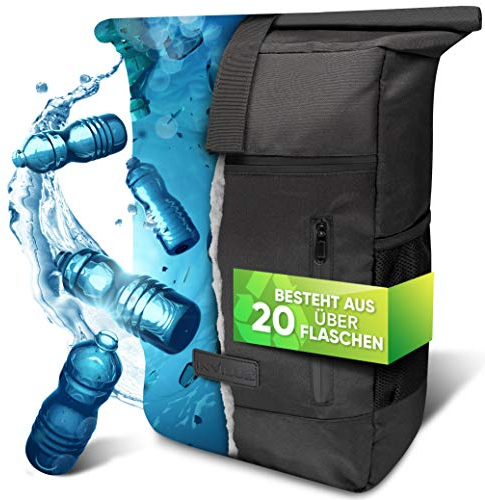 invilus ® - Rolltop Rucksack Damen und Herren aus Recycelten Plastikflaschen | Jetzt Farbe wählen (Schwarz)
