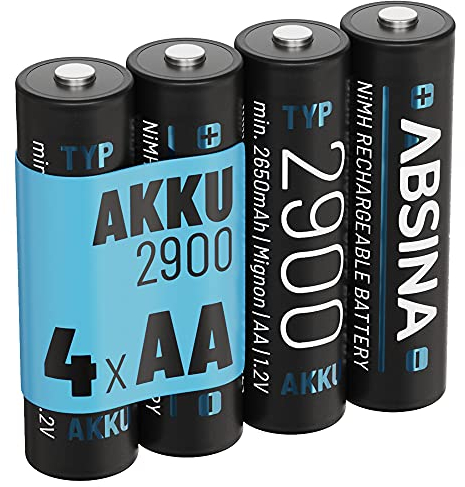 ABSINA 4x Batterie ricaricabili AA 2900 - Batteria NiMH AA da 1,2 V e min. 2650 mAh - Batterie AA ricaricabili per dispositivi ad alto consumo energetico - Pile AA per controller torcia, Wii e Xbox