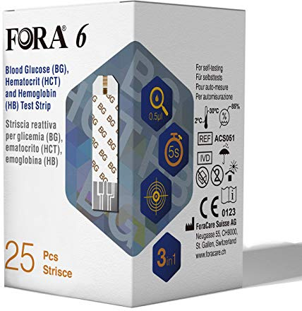 Strisce Reattive FORA6 3in1 per Glicemia, Ematocrito ed Emoglobina - Box 25