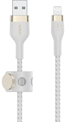 Belkin BoostCharge Pro Flex geflochtenes USB-A/Lightning-Kabel, 1 m, MFi-zertifiziertes Ladekabel für iPhone 14/14 Plus, 13, 12, Pro, Max, mini, SE, iPad und andere Geräte – Weiß