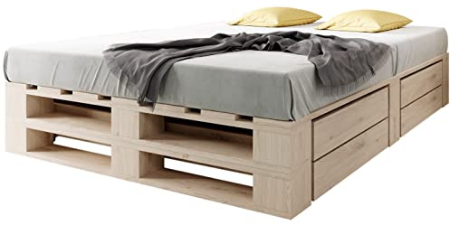 sunnypillow Palettenbett M2 aus Holz 200 x 200 cm mit Lattenrost und 2 Bettkästen. Doppelbett, Familienbett - erhöhtes Ehebett Bettgestell Futonbett Komforthöhe Naturholz Massivholzbett