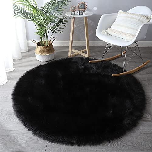 warmsile Faux Lammfell Schaffell Teppich Kunstfell Dekofell in Super weich Lammfellimitat Teppich Longhair Fell Optik Nachahmung Wolle Bettvorleger Sofa Matte,Schwarz,45 cm Round (2 PCS)
