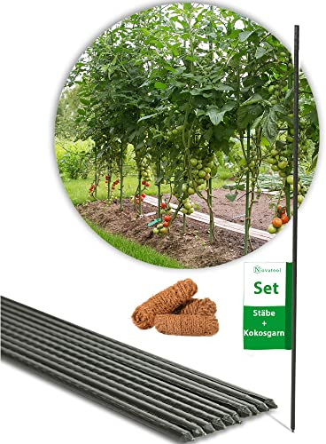 Novatool 10x Pflanzstab 110 cm und Kokosbündchen 25 m I Rankstab Kokos Pflanze Zimmerpflanze Garten I Tomatenstäbe Rankhilfe I Pflanzenstütze Baumbinder Baumanbinder Kokosfaser