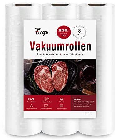Fitge Sacchetti sottovuoto 28 x 600 cm/3 rotoli per tutte le macchine sottovuoto, rotoli sottovuoto per alimenti, senza BPA, resistenti e antistrappo, pellicola per sottovuoto professionale Sous Vide