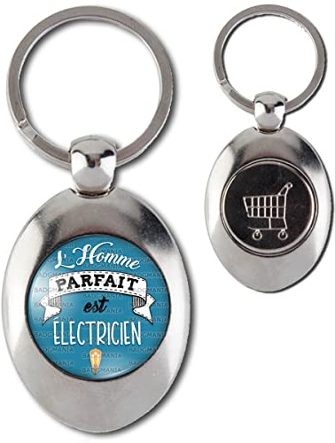 Badgmania Porte Clés Métal Ovale Jeton de Caddie L'Homme Parfait est ELECTRICIEN Humour Métier Idée Cadeau