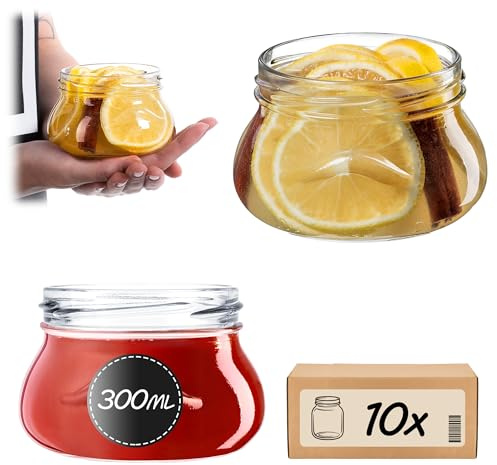KADAX Lot de 10 petits bocaux de 300 ml - Bocaux miniatures pour miel et épices - Pots à confiture hermétiques à offrir (sans couvercle)