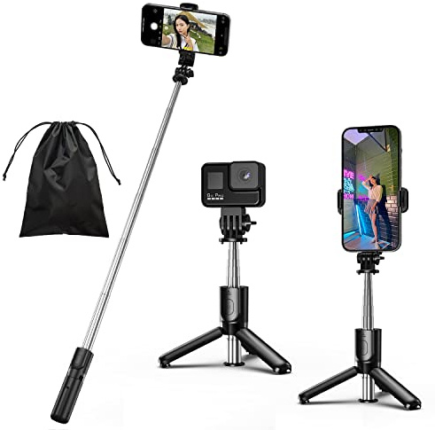 HCTian Perche Selfie, 4 en 1 Mini Selfie Stick Trépied Monopode Réglable Télescopique Réglable avec Télécommande Amovible Compatible avec iPhone et Android Gopro Camera