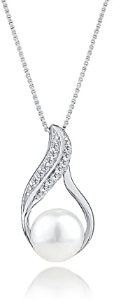 DANIEL CLIFFORD 'Dalia' Damen Halskette Silber 925 Anhänger Perle Süßwasserzucht Zirkonia Kristalle, 45cm Silberkette Perlenanhänger Sterlingsilber