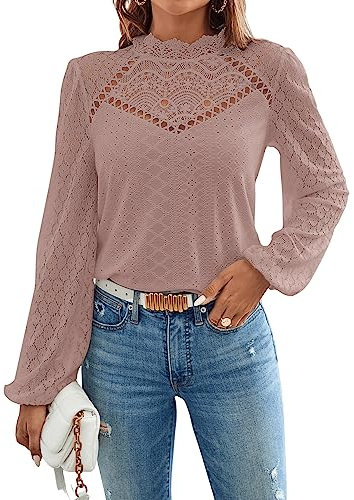 GORGLITTER Camicetta da donna elegante, con colletto alto, a maniche lunghe, in pizzo, Grigio -Rosa, S