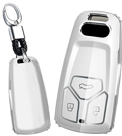 TECART Smart Autoschlüssel Hülle Cover Passt für Audi A3 A4 A5 A6 A7 A8 A4L A6L S4 S5 S7 S8 RS RS4 RS5 Q2 Q3 Q5 Q7 SQ5 SQ7 TPU Schutzhülle Schlüsselcover Zubehör Schlüssel 3 Taste B Silber Weiß