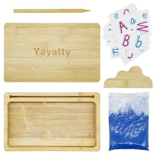 Yayatty Montessori Bac à sable en bois avec couvercle pour écrire des lettres et des chiffres pour enfants, bac à sable en bois avec sable, carton, stylo pour enfants, 25,9 x 16 cm, bleu