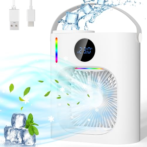 Climatiseur Mobile, Climatiseur Portable Silencieux 900ML, 4 en 1 Refroidisseur d'Air, USB Mini Air Climatiseur Ventilateur, 3 Vitesses, 2 Modes de Brumisation, Mini Climatiseur pour Chambre (B)