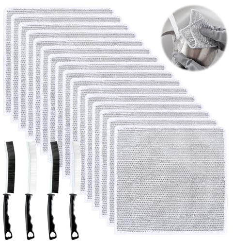 Nodcows Paños de Alambre Multiusos, 16 Pcs Trapos de Alambre para Lavar Platos y 4 Cepillo, Reutilizable de Alambre Lavar Platos, para Manchas, Ollas, Estufas
