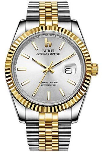 BUREI Klassische Uhren Herren Automatik Saphirglas Roségold Edelstahl Armband 41mm Mechanische Armbanduhren mit Kalender