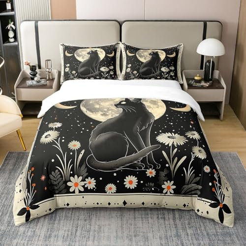 Schwarze Katze 100% Bio Baumwolle Weiche Mikrofaser Bett Set,Weiße Graue Daisy Bettbezug für Kinder Teens,Chic Moon Galaxy Bettbezug 200x200,Sternenhimmel Komfortbezug mit Reißverschluss Krawatten