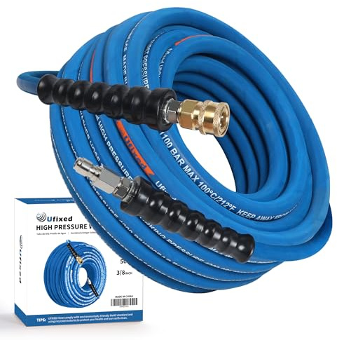 Ufixed 3/8” Pressure Washer Hose 50FT 4000psi,Rubber Hose,Quick Connect,360° Swivel,Kink-Resistant,Heavy Duty,Blue