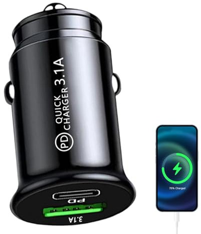 Caricabatteria da auto USB C - Adattatore di ricarica rapida da 5 V/3,1 A, caricabatteria da auto USB C con presa USB da 12 V | Caricabatteria da auto compatto a doppia porta A+C PD, adattatore per