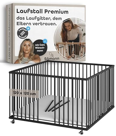 Sämann Laufstall Baby mit 3 Schlupfsprossen | TÜV geprüft | stufenlos höhenverstellbar | Laufgitter Premium | Babybett aus Holz | Krabbelgitter (schwarz, 120x120 cm)