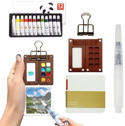 5 Pcs Portable Watercolor Palette, Pocket Artist Watercolour Travel Set Travel Paint Palette with 8 Grids Mini Wooden Palette Watercolor Pen Sketchbook Metal Clip for Watercolor Artist Enthusiast