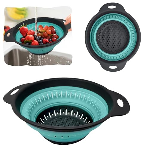 Collapsible Colander Over The Sink Vegetables/Fruit Silicone Colander Strainer with Handles Collapsible Basket Wash Fruits, Vegetables, and Rice | Round - Grey & Turqouise