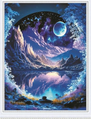 Meecaa Kreuzstich-Sets 11 Count gestempelt, Landschaftsspiegelung Mondsee Stickerei-Set mit Zubehör vorgedruckt (36CMx46CM) (Landschaft)