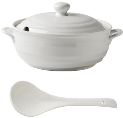 Sopera de cerámica con tapa Sopera de sopa de porcelana blanca Sopera redonda de cerámica Tazón de cerámica para restaurante Decoración de la cocina del hogar Apto para microondas y lavavajillas