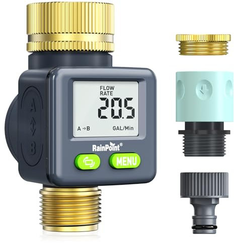 RAINPOINT Wasserzähler mit Messing-Einlass und -Auslass, Praktischer Wasseruhr für Garten, 4 Modi zur Kontrolle des Wasserverbrauchs,Wassermengenzähler, 180° Drehbarer digitaler Durchflussmesser