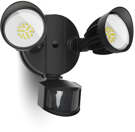 UME LED Security Light Motion Sensor Outdoor Lights, 27W 3000LM, 5000K, IP65 Waterproof, Dusk to Dawn, 2 Head Motion Detector Flood Light for Outside, Garage, Yard (Black)