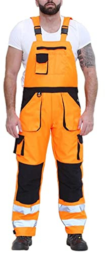 Kross Style® Mens High Visibility Workwear Dungaree Overalls with Elasticated Back Brace and Adjustable Ankle Hem, Adjustable Two-Tone Hi-Vis Bib & Brace with Knee Pad Pockets (Orange, S)