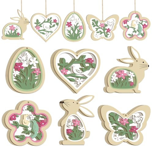 24 pezzi decorativi da appendere, decorazione primaverile, ciondolo in legno, coniglietto pasquale uova di Pasqua, farfalle, fiori pasquali (verde