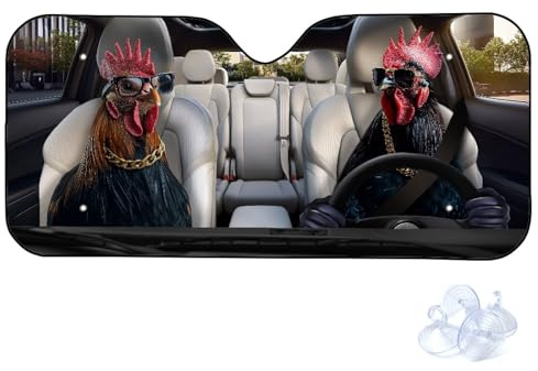 Lustige Tiere Auto Sonnenschutz, Frontscheiben Abdeckung mit Saugnäpfen, 145 x 69,5 cm, Faltbarer Windschutzscheibe Sonnenschutz (Rooster-Paar)