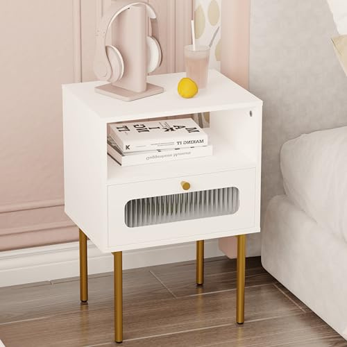 JERX Nachttisch, Nachtschrank mit, Prismenglas-Front, Modernes Design für Schlafzimmer, Gästezimmer, Goldene Metallfüße (Weiß, 1 Schublade)
