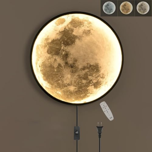 LOGT LED Mond Wandleuchte Fernbedienung Dimmbar Rund Mond Lampe Wand mit Schalter und Kabel Stecker Wandlampe Innen Deko Wandbeleuchtung Design Nachttischlampe für Schlafzimmer Wohnzimmer