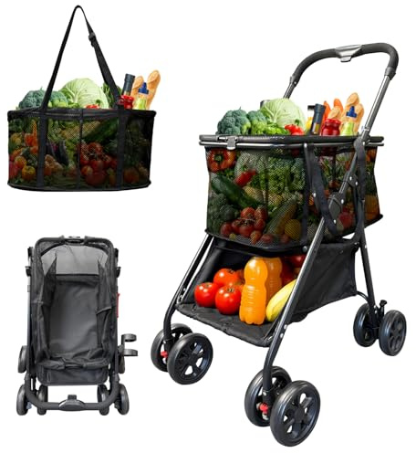 Multifunctional Folding Shopping Cart (80 lbs), One-Click Folding, Detachable Baskets & 360°Swivel Wheels, 40 Gallon Large Capacity Portable Hand Cart for Groceries, Laundry, Camping