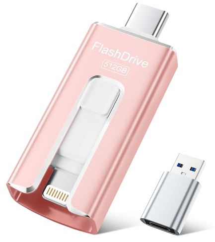 SUDEHO USB Stick 512GB for iPhone, MFi Certified USB-C & Lightning Memory Stick, 3-in-1 USB 3.0 Flash Drive for iPhone/iPad/Android/PC, High-Speed Photo & Video Backup, Easy File Storage, Pink