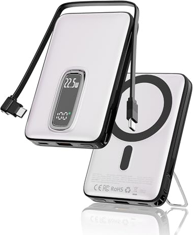 For Magsafe Power Bank Fast Charging, 22.5W 10000mAh Magnetic Portable Charger iPhone with Built-in Cables, Stand and LED Display Wireless PowerBank For iPhone 17/16 /15/14/13/12 Series, White