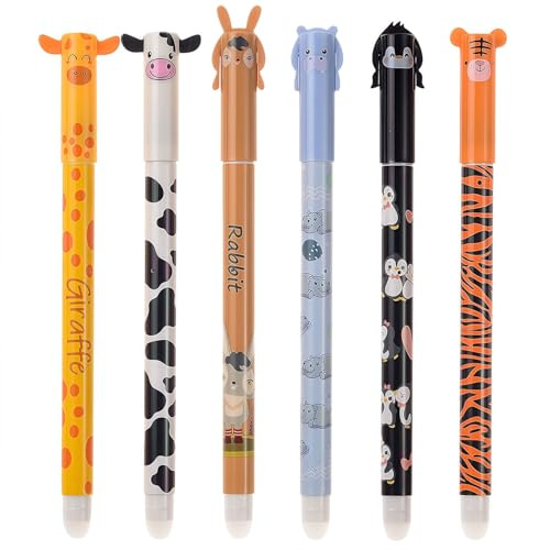 Set mit 6 Radierbare Stifte, Kawaii Verschiedene Tiermotive, Mehrfarbig Temperaturempfindlich, 0,5 mm, Löschbaren Gelstiften für Kinder Studenten Schule Büro