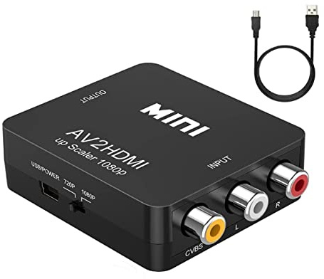 Extraible RCA to HDMI Adapter, 1080P AV to HDMI Converter, Mini RCA Composite CVBS Video Audio Converter Adapter for PS2 Wii Xbox SNES N64 VHS VCR Camera DVD, Supporting PAL/NTSC with USB Power Cable