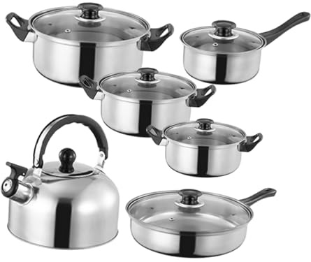 Garneck 12pièces Poêle à Frire Acier Inoxydable Casserole avec Poignée Batterie de Cuisine Complète Compatible Induction et Gaz Lavable au Lave-vaisselle