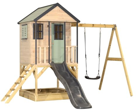 Wendi Toys M50PGG stylhus med rutschkana och gunga – barnhus, utomhus, för trädgård, FSC-trä, piedesthöjd 90 cm, 290 × 350 × 242 cm, med 175 cm halkfri, väderbeständig, pastellgrön-grå