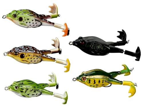 Froschköder, 5 Stück, Frosch-Angelköder, realistische 3D-Köder mit Haken und rotierenden Flossen für Barsch-Hecht-Wels-Süßwasser-Salzwasser-Angeln