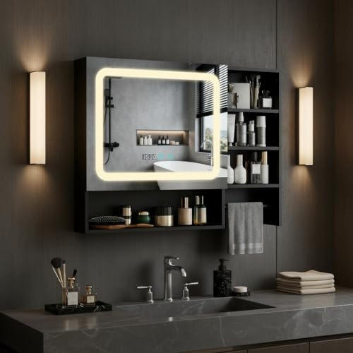 YU YUSING Spiegelschrank Bad mit LED Beleuchtung 80x60cm, Schwarz