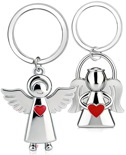 WiDream 2 pièces Porte-clés Ange Gardien, Pendentif en Forme d'Ange avec Cœur pour Examens ou Voiture, Porte Clef Femme Mascotte Cle, Ange et Cœur Porte Bonheur en Métal, Porte-Bonheur pour Examens