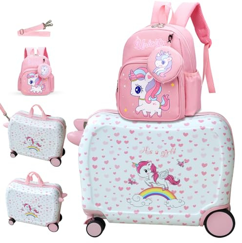 R.Leone Valigia Cavalcabile per Bambina EasyJet 45x36x20 cm + 30x23x14 cm Set 2 Pezzi Trolley Bagaglio a mano 4 Ruote e Zaino 3252 (Unicorno, Valigia 45x36x20cm+Zaino con corno)
