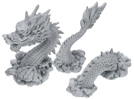 SHINEOFI Statue de Dragon Chinois en Grès Léger Sculptée en 3 Parties pour Décoration Élégante de Bureau ou Étagère, Sensation Agréable Toucher